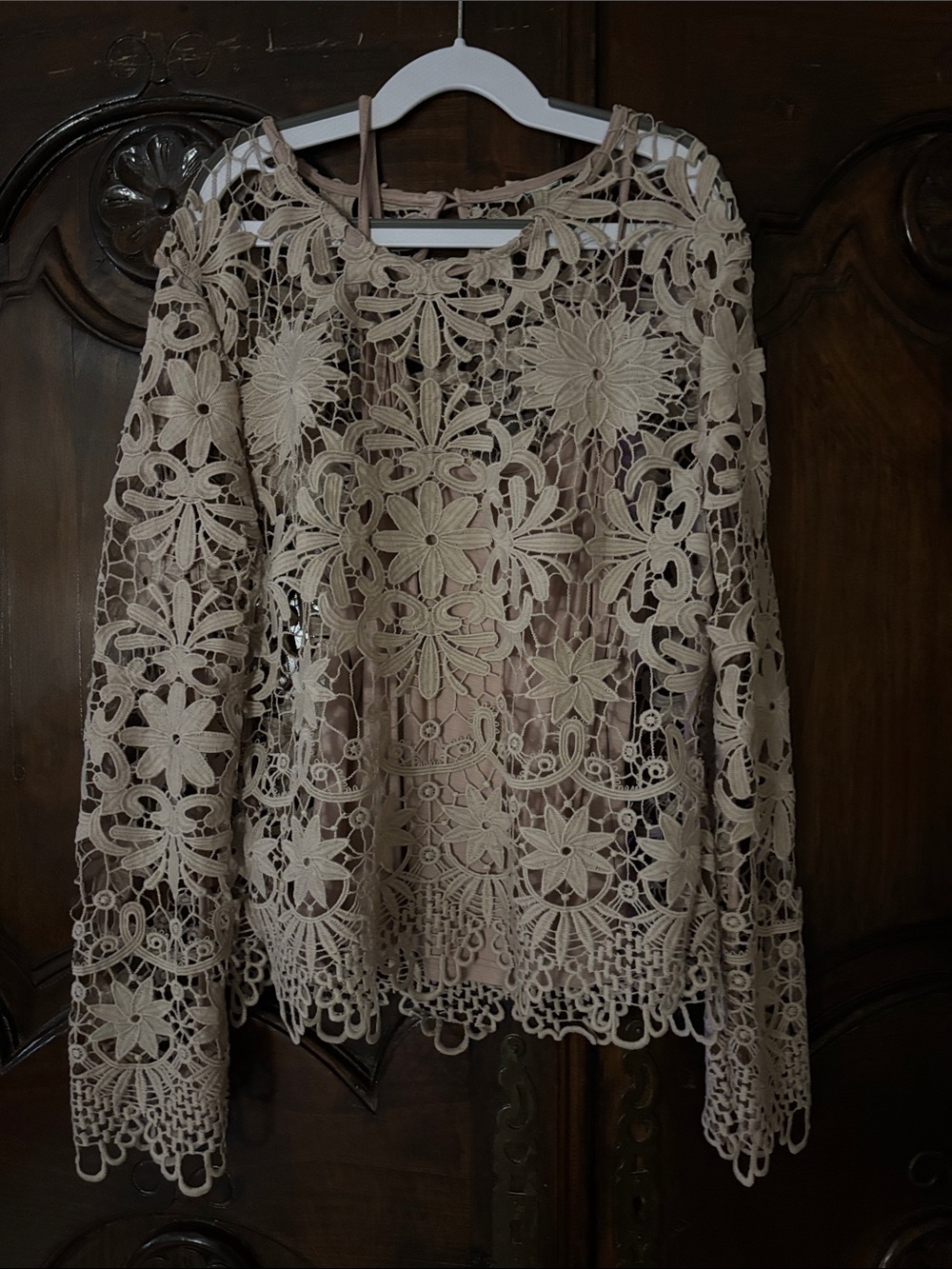 Women’s Crochet Lace Long-Sleeve Blouse in Beige
